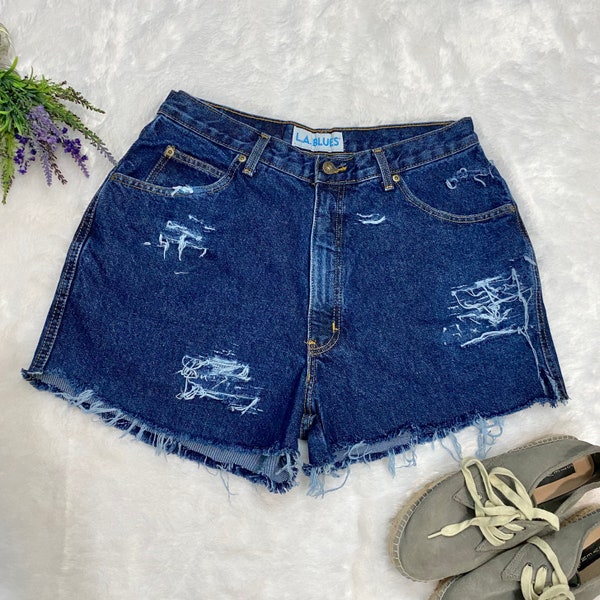 Vintage 90s LA Blues Hand Distressed Cut Off Jean Shorts NEW High Waisted Mom Jeans