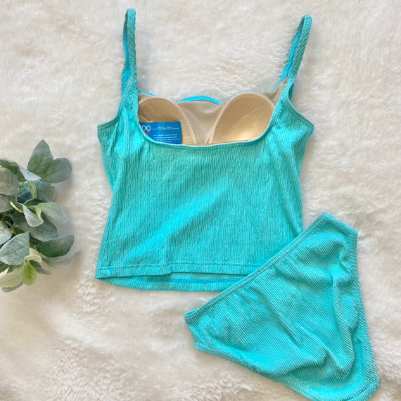 Speedo Vintage 90s Turquoise Blue Ribbed two Piec… - image 3
