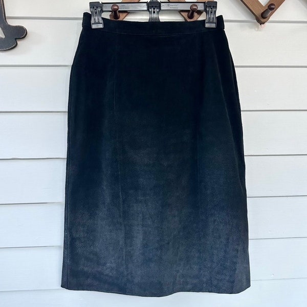 Vintage Black Leather Midi Pencil Skirt by “Bagatelle” 80s 90s Style Timeless Straight Fit Below Knee