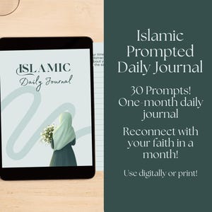 Könnte beinhalten: Ein digitales Journal mit einem blauen und weißen Cover mit dem Text "ISLAMIC Daily Journal". Das Journal soll Menschen helfen, durch tägliche Aufforderungen wieder mit ihrem Glauben in Kontakt zu treten. Es enthält 30 Aufforderungen für ein einmonatiges tägliches Journal.