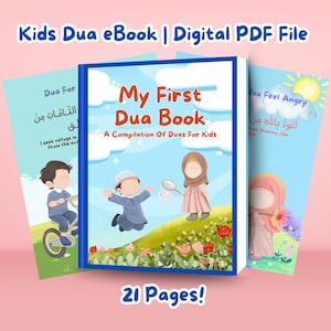 Puede incluir: Una colorida portada de libro ilustrada para "Mi primer libro de Dua: Una compilación de Duas para niños". La portada presenta un fondo azul con nubes, estrellas y una colina verde cubierta de hierba. Hay tres niños en la colina, dos niños y una niña, todos vestidos con ropa islámica tradicional. El libro tiene 21 páginas.