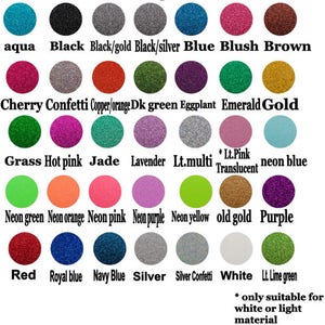 May include: Chart of glitter colours with names for each colour. Colours include aqua, black, black/gold, black/silver, blue, blush, brown, cherry confetti, copper/orange, dark green, eggplant, emerald, gold, grass, hot pink, jade, lavender, light multi, light pink translucent, neon blue, neon green, neon orange, neon pink, neon purple, neon yellow, old gold, purple, red, royal blue, navy blue, silver, silver confetti, white, and light lime green.