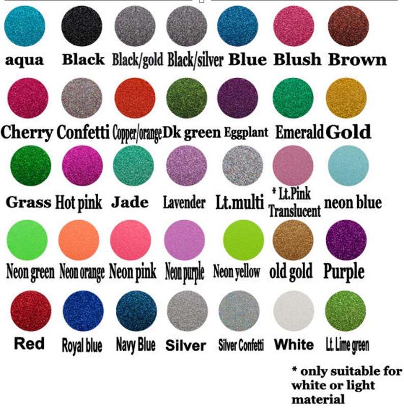 May include: Chart of glitter colours with names for each colour. Colours include aqua, black, black/gold, black/silver, blue, blush, brown, cherry confetti, copper/orange, dark green, eggplant, emerald, gold, grass, hot pink, jade, lavender, light multi, light pink translucent, neon blue, neon green, neon orange, neon pink, neon purple, neon yellow, old gold, purple, red, royal blue, navy blue, silver, silver confetti, white, and light lime green.
