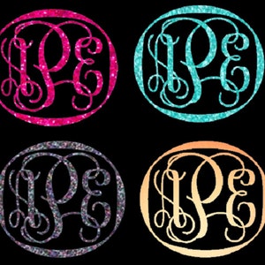 May include: Four monogrammed circles with glitter backgrounds. The circles are in pink, teal, iridescent, and peach.