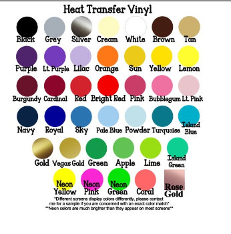K&ouml;nnte beinhalten: Eine Farbkarte mit einer Auswahl an Farben f&uuml;r Thermotransfer-Vinyl, darunter Schwarz, Grau, Silber, Creme, Wei&szlig;, Braun, Beige, Lila, Helllila, Flieder, Orange, Sonnengelb, Zitrone, Burgunder, Kardinal, Rot, Rot, Pink, Kaugummi, Hellrosa, Marine, K&ouml;nigsblau, Himmelblau, Hellblau, Puder-T&uuml;rkis, Inselblau, Gold, Vegas-Gold, Gr&uuml;n, Apfel, Limette, Inselgr&uuml;n, Neon-Gelb, Neon-Pink, Neon-Gr&uuml;n, Koralle und Ros&eacute;gold. Die Karte enth&auml;lt auch den Text "Verschiedene Bildschirme zeigen Farben unterschiedlich an, bitte kontaktieren Sie mich f&uuml;r ein Muster, wenn Sie sich &uuml;ber eine genaue Farb&uuml;bereinstimmung Sorgen machen." und "Neonfarben sind viel heller, als sie auf den meisten Bildschirmen erscheinen."