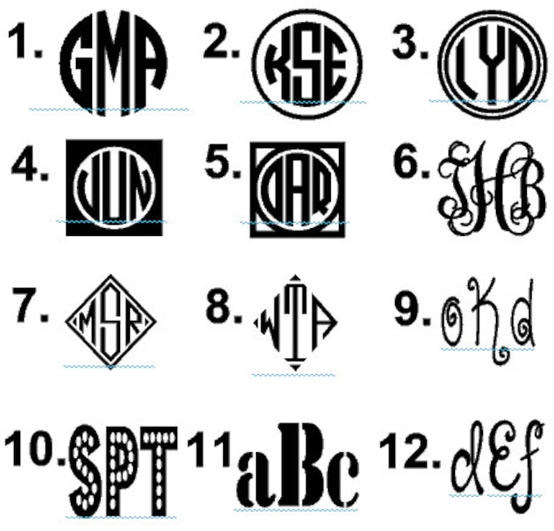 K&ouml;nnte beinhalten: Ein Blatt Papier mit 12 verschiedenen Monogramm-Designs. Die Monogramme sind in Schwarzwei&szlig; und in einem Rastermuster angeordnet. Die Monogramme sind von 1 bis 12 nummeriert.