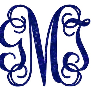 May include: A blue glitter monogram letter M with decorative swirls.