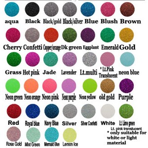 May include: Chart of glitter colors with names for each color. Colors include aqua, black, black/gold, black/silver, blue, blush, brown, cherry confetti, copper/orange, dark green, eggplant, emerald, gold, grass, hot pink, jade, lavender, light multi, light pink translucent, neon blue, neon green, neon orange, neon pink, neon purple, neon yellow, old gold, purple, red, royal blue, navy blue, silver, silver confetti, white, light lime green, light pink translucent, rose gold, mint green, mermaid blue, and lemon ice.