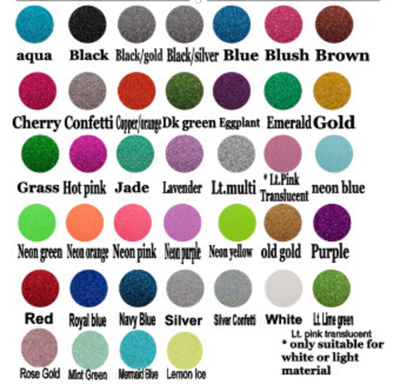 May include: Chart of glitter colors with names for each color. Colors include aqua, black, black/gold, black/silver, blue, blush, brown, cherry confetti, copper/orange, dark green, eggplant, emerald, gold, grass, hot pink, jade, lavender, light multi, light pink translucent, neon blue, neon green, neon orange, neon pink, neon purple, neon yellow, old gold, purple, red, royal blue, navy blue, silver, silver confetti, white, light lime green, light pink translucent, rose gold, mint green, mermaid blue, and lemon ice.
