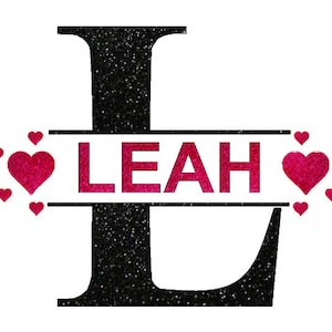 May include: Black glitter letter L with the name Leah in pink glitter letters across a black banner with pink glitter hearts surrounding the banner.