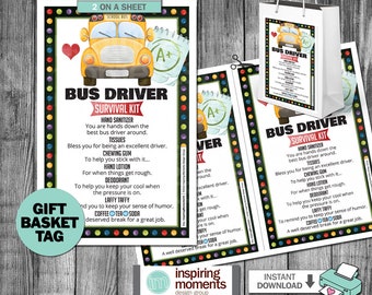 Könnte beinhalten: Ein druckbarer Geschenkkorb-Anhänger mit einem gelben Schulbus und dem Text "Bus Driver Survival Kit" mit einer Liste von Artikeln, die in den Geschenkkorb gelegt werden sollen. Der Anhänger ist für den Druck auf Papier im Format 8,5 x 11 Zoll konzipiert und enthält den Text "Sofort-Download".