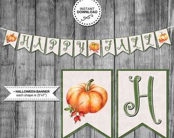 Fall Banner | Fall Party Decorations | Bunting | Halloween | Pumpkin | Leaves | Berries | Happy Fall | Printable | Instant Download