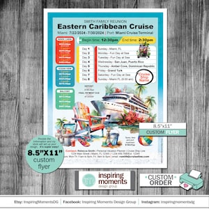May include: A colorful flyer for a Smith family reunion cruise to the Eastern Caribbean. The flyer features a watercolor illustration of a cruise ship, a beach scene, and a palm tree. The cruise dates are July 22-30, 2024, and the port is Miami Cruise Terminal. The flyer includes a price list for different cabin types, a schedule of activities, and contact information for the cruise planner.