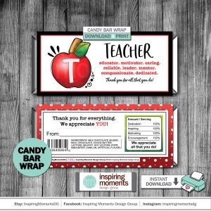 Geschenk für Lehrer, Lehrer Assistent, Wertschätzung Woche Candy Bar Wrap, Ende des Schuljahres, DIY, Sofortiger Download Hershey Bar Wrapper