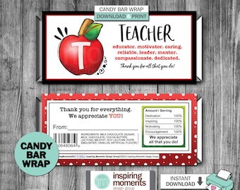 Gift For Teacher, Teachers Assistant, Appreciation Week Candy Bar Wrap, End Of The School Year, DIY, Instant Download Hershey Bar Wrapper