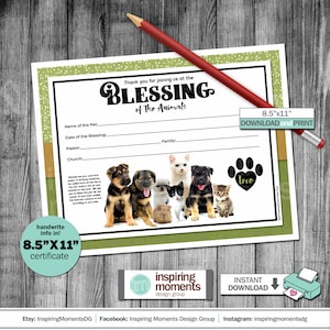 ペットの祝福証明書、動物の祝福のサイン、宗教的な印刷物、カトリック教会、猫、犬、ペット、記念品スクラップブック、ルーテル教会
