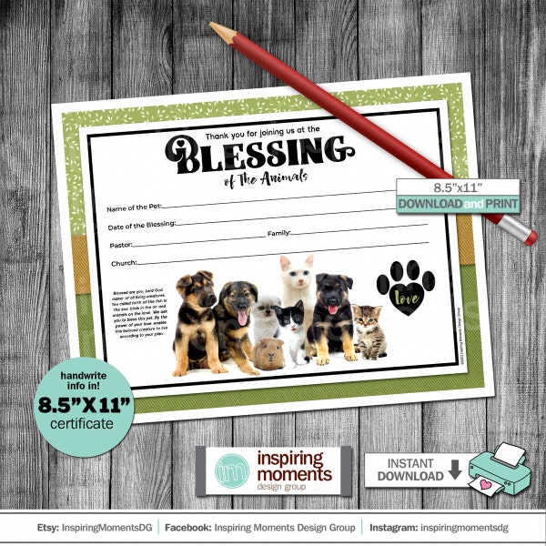 Pet Blessing Certificate, Blessing Of The Animals Sign, Print Religious, Catholic Church, Cats, Dogs, Pets, Keepsake Scrapbook, Lutheran