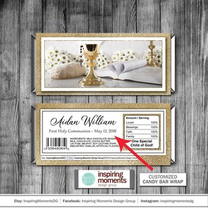 Communion Candy Bar Wrapper First Holy Communion, Baptism, Religious, Gold, Printable, Personalized Hershey Bar Wrapper, Favor Tag
