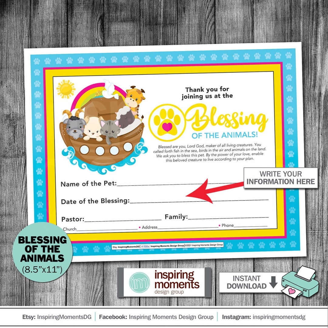 Pet Blessing Certificate, Blessing of the Animals Sign, Print