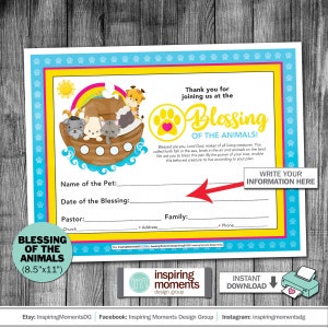 Pet Blessing Certificate, Blessing Of The Animals Sign, Print, Religious, Catholic Church, Noahs Ark, Dogs, Cats, Pets Keepsake Scrapbook