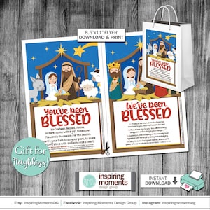 Peut inclure: Un dépliant imprimable de 8,5 x 11 pouces avec une illustration de la scène de la Nativité de Noël. Le dépliant contient le texte "You've been Blessed" et "We've been Blessed" ainsi qu'un verset biblique de Luc 2 :11-14. Le dépliant est conçu pour être partagé avec les voisins comme cadeau.