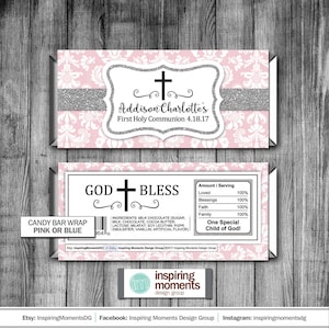 Communion Damask Candy Bar Wrapper, First Holy Communion, Baptism, Religious, Printable, Personalized Hershey Bar Wrapper, Favor Tag