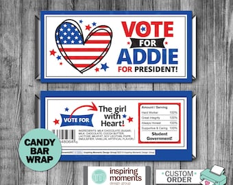 School Elections Candy Bar Wrappers | Vote | Election | Student | Candy Bar Wrap | Printable | Personalized | Hershey Bar Wrapper | Favor