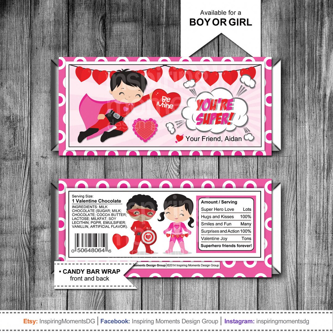 Superhero Valentine Candy Bar Wrappers, Printable, Personalized, Hershey Bar Wrapper, Favor Tags ...