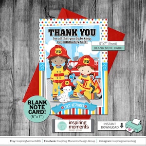 Firefighters Appreciation Thank You Card, First Responders, Fireman, Thank You Fire Departments, Printable Card, Note Card, DIY