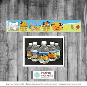 Involucro di bottiglia d'acqua autunnale / Festival autunnale / Spaventapasseri / Mele / Zucche / Ringraziamento / Foglie / Etichetta dell'acqua / Download istantaneo / Fai da te /