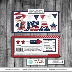 July 4th Patriotic Candy Bar Wrap, Uncle Sam, American Flag, USA, Fireworks, Parade, America Candy Bar Wrap, Thank You, Party, BBQ DIY