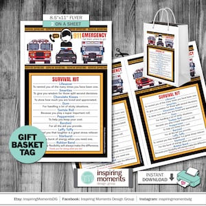 May include: A printable 8.5 x 11 inch flyer with a gift basket tag design. The flyer features a red and black design with a fire truck and police car graphic. The text on the flyer reads "911 Emergency" and "Survival Kit". The survival kit includes items such as lifesaver, smarties, chocolate kisses, gum, tootsie roll, peppermint, bandaid, laffy taffy, starburst, and rubber band. The text on the gift basket tag reads "Gift Basket Tag".