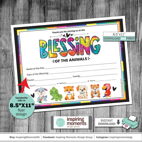Pet Blessing Certificate, Blessing Of The Animals Sign, Print, Religious, Catholic Church, Noahs Ark, Dogs, Cats, Pets Keepsake Scrapbook