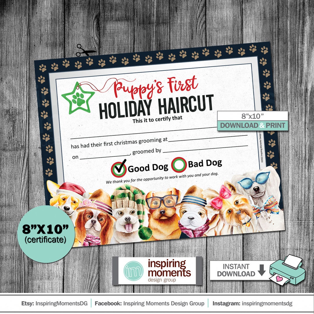 Dog Grooming First Christmas Haircut Certificate, Groomer Pet Shop