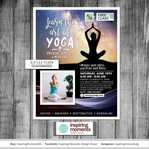 Può includere: Un volantino per una lezione di yoga gratuita il sabato 18 giugno al Parker Community Park a Freehold, nel New Jersey. Il volantino presenta una silhouette di una persona in una posa di yoga su uno sfondo di cielo stellato. Il volantino include anche il testo "Impara l'arte dello yoga" e "Respira, allunga e medita".