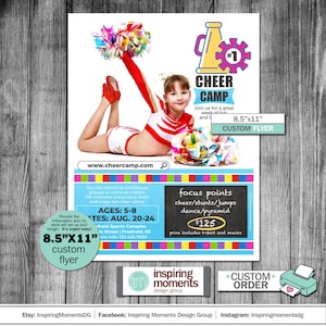 Könnte beinhalten: Ein bunter Flyer für ein Cheerleader-Camp. Der Flyer zeigt ein junges Mädchen in einem Cheerleader-Outfit, das einen Pompon hält. Der Flyer enthält den Text "Cheer Camp", "Ages: 5-8", "Dates: Aug. 20-24", "Focus Points: Cheer/Stunts/Jumps, Dance/Pyramid", "125 €", "8.5"x11" Custom Flyer", "www.cheercamp.com", und "Inspiring Moments Design Group".