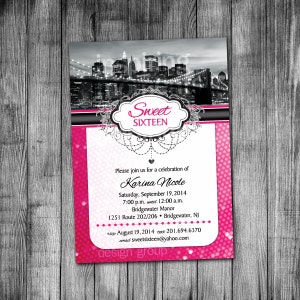 Sweet Sixteen Invitation, New York City, Pink Bling, 5x7, New York Themed Invitation, Birthday Invite, 15th