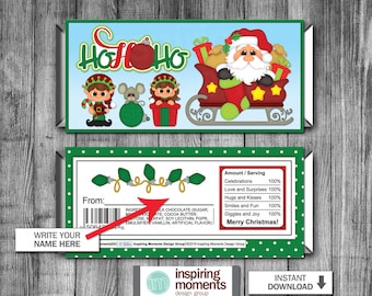 May include: A printable Christmas chocolate bar wrapper featuring a cartoon Santa Claus in a red sleigh with elves and a mouse. The wrapper has a green and white polka dot background with a green border. The text "Ho Ho Ho" is written in red and white letters. The text "Write your name here" is written in black letters. The text "From:" is written in black letters. The text "Amount/Serving" is written in black letters. The text "Celebrations 100%" is written in black letters. The text "Love and Surprises 100%" is written in black letters. The text "Hugs and Kisses 100%" is written in black letters. The text "Smiles and Fun 100%" is written in black letters. The text "Giggles and Joy 100%" is written in black letters. The text "Merry Christmas!" is written in black letters. The text "Instant Download" is written in black letters. The text "Inspiring Moments Design Group" is written in black letters. The text "Etsy: InspiringMomentsDG" is written in black letters. The text "Facebook: Inspiring Moments Design Group" is written in black letters. The text "Instagram: inspiringmomentsdg" is written in black letters.