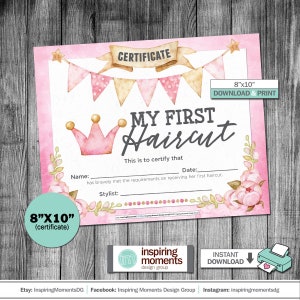First Haircut Certificate, Beauty Salon, Print, Sign, Girl, My First Haircut, Princess, Pink, Scissors, Nail Polish, 8x10, Instant Download