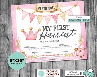 First Haircut Certificate, Beauty Salon, Print, Sign, Girl, My First Haircut, Princess, Pink, Scissors, Nail Polish, 8x10, Instant Download