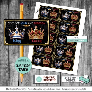 Homecoming King And Queen Election Business Card Size Tags, 3.5x2 Vote,  Printable, Crowns, Dance Favor Tags, Pencil Tags, Class