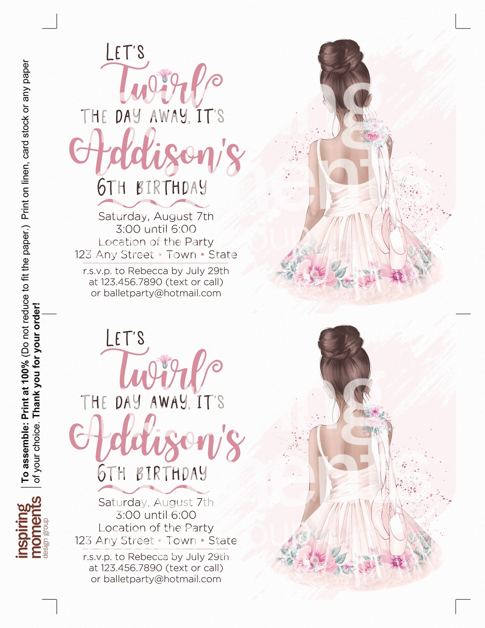 ballerina invitation | watercolor ballet | girls birthday invite | tutu | ballet shoes | pink | 5x7 | printable invitation | cus