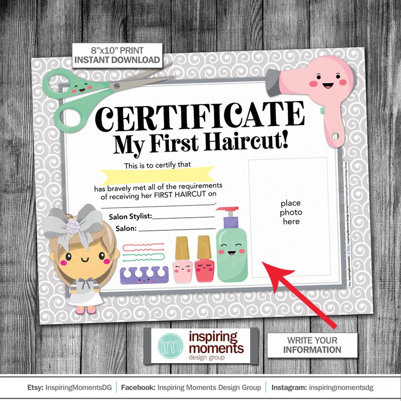 First Haircut Certificate, Sign, Print, Girl, Salon, My First Haircut, Blow Dryer, Scissors, Nail Polish, Marketing 8x10, Instant Download image 1