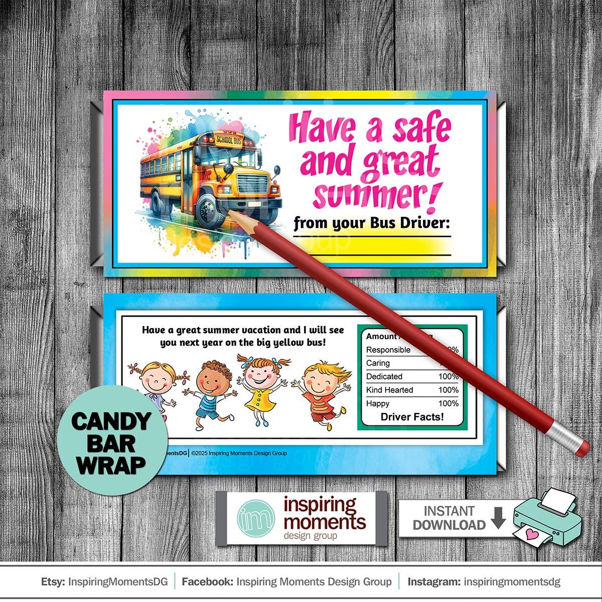 School Bus Driver Thank You Candy Bar Wrap, End Of The School Year, Gift to Kids, DIY, Instant Download, Hershey Bar Wrapper, Favor