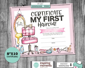 First Haircut Certificate, Sign, Print, Girl, Salon, My First Haircut, Blow Dryer, Scissors, Nail Polish, Marketing, 8x10 Instant Download