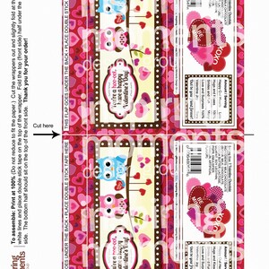 May include: Printable Valentine's Day chocolate bar wrapper featuring two owls on a branch with hearts and the text "You're a hoo-oot, have a happy Valentine's Day!" The wrapper is designed with a pink and red heart pattern.