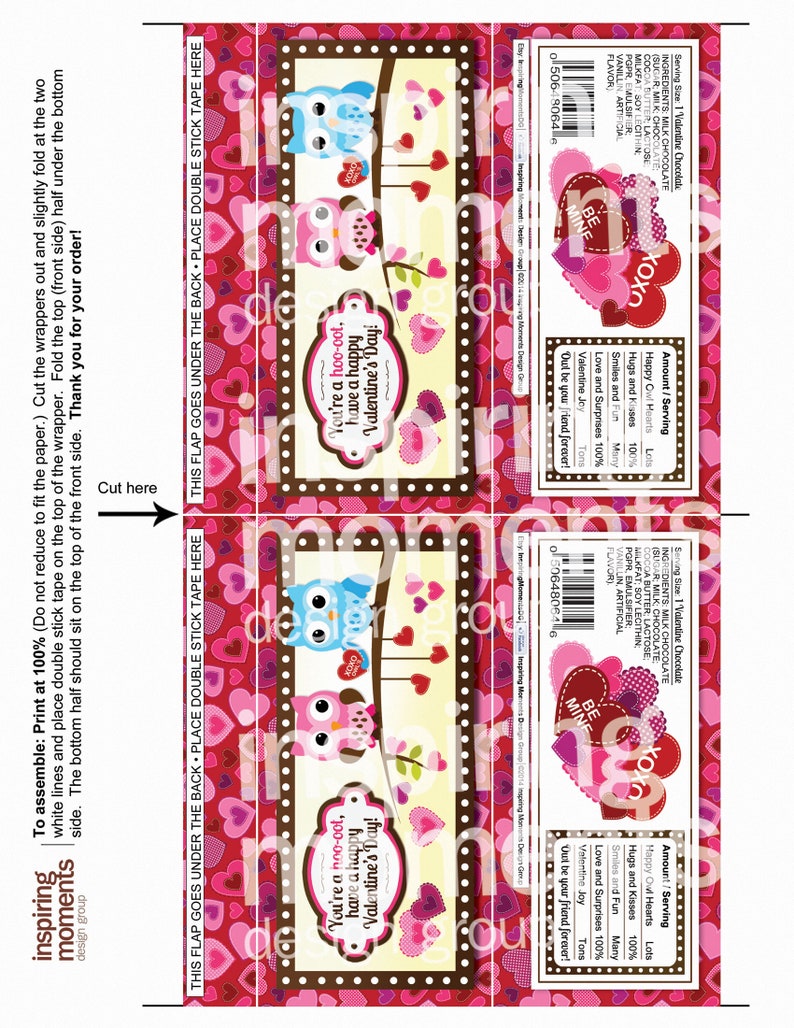 May include: Printable Valentine's Day chocolate bar wrapper featuring two owls on a branch with hearts and the text "You're a hoo-oot, have a happy Valentine's Day!" The wrapper is designed with a pink and red heart pattern.
