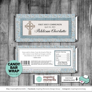 Communion Candy Bar Wrapper, First Holy Communion, Baptism, Religious, Boy or Girl, Printable, Personalized Hershey Bar Wrapper Favor
