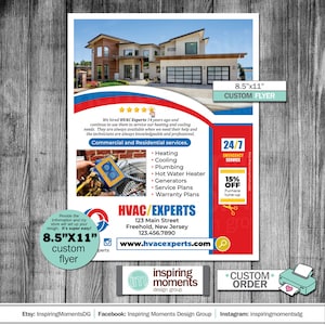 以下が含まれることがあります： 家屋のイラストと「HVAC/EXPERTS」というテキストが赤い枠で囲まれた白い箱に入っている赤と白のチラシ。チラシは、暖房、冷房、配管、温水器、発電機、サービスプラン、保証プランを宣伝しています。チラシには、「24時間365日緊急サービス」と「暖炉の調整15％オフ」のテキストも含まれています。チラシのサイズは21.6cm x 27.9cmです。
