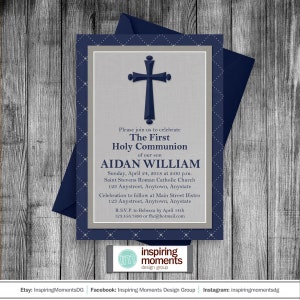 First Holy Communion Invitation, Baptism Invitation, Religious Invitation, Confirmation, Boy, Cross, Navy and Silver, Cross, Rosary, Bread